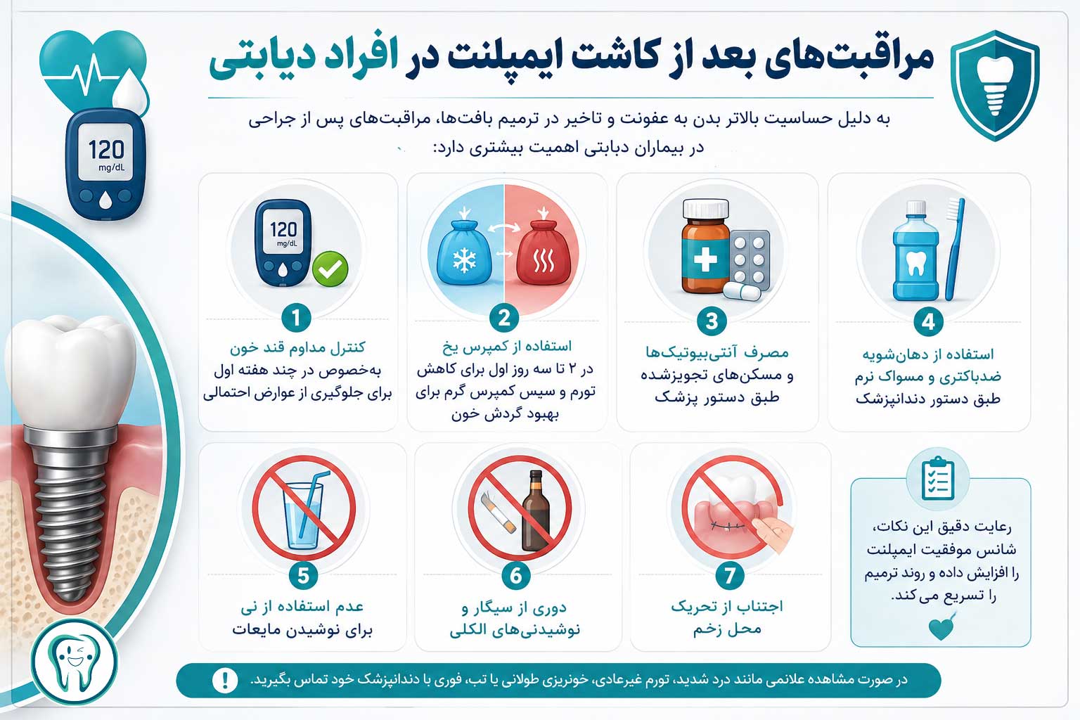 ایمپلنت دندان در بیماران دیابتی؛ آزمایشهای لازم، مراحل درمان و مراقبتها 4 مراقبتهای بعد از کاشت ایمپلنت در افراد دیابتی