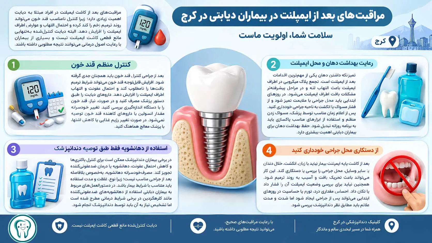 ایمپلنت در افراد دیابتی کرج؛ شرایط کاشت و مراقبتهای ضروری 2 مراقبتهای بعد از ایمپلنت در بیماران دیابتی در کرج